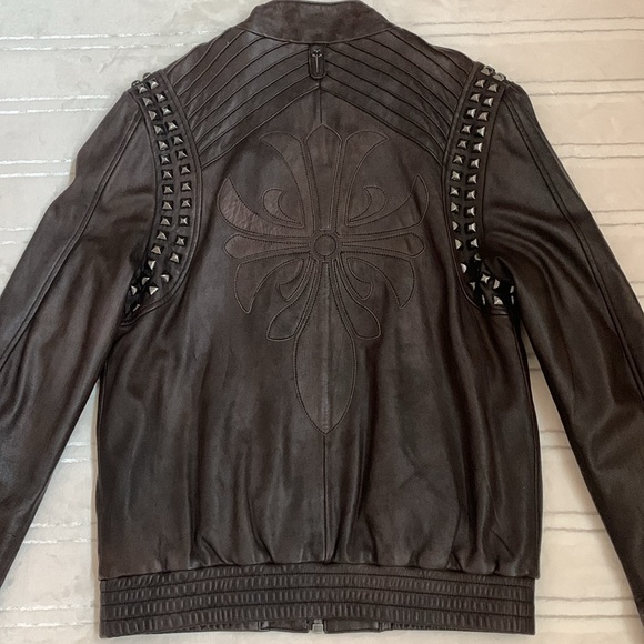 Faith Connexion Designer Men’s Brown Leather Studded Biker Bomber Jacket - Picture 3 of 13